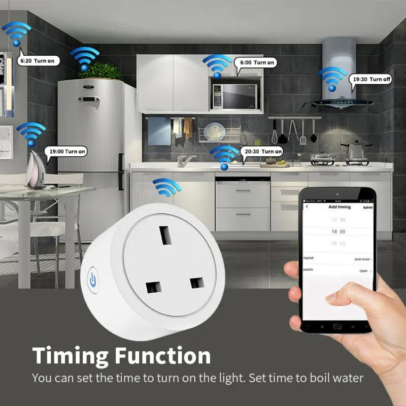 Smart WiFi 20A UK Mini Plug - التحكم الصوتي ومراقبة الطاقة مع Tuya وGoogle Home وتكامل Alexa