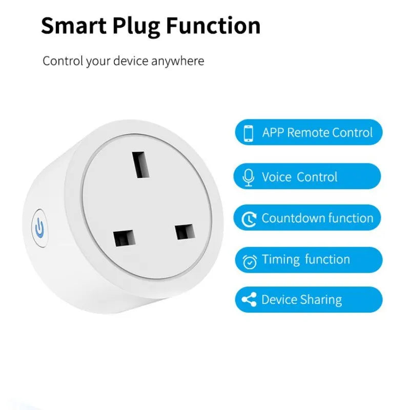 Smart WiFi 20A UK Mini Plug - التحكم الصوتي ومراقبة الطاقة مع Tuya وGoogle Home وتكامل Alexa